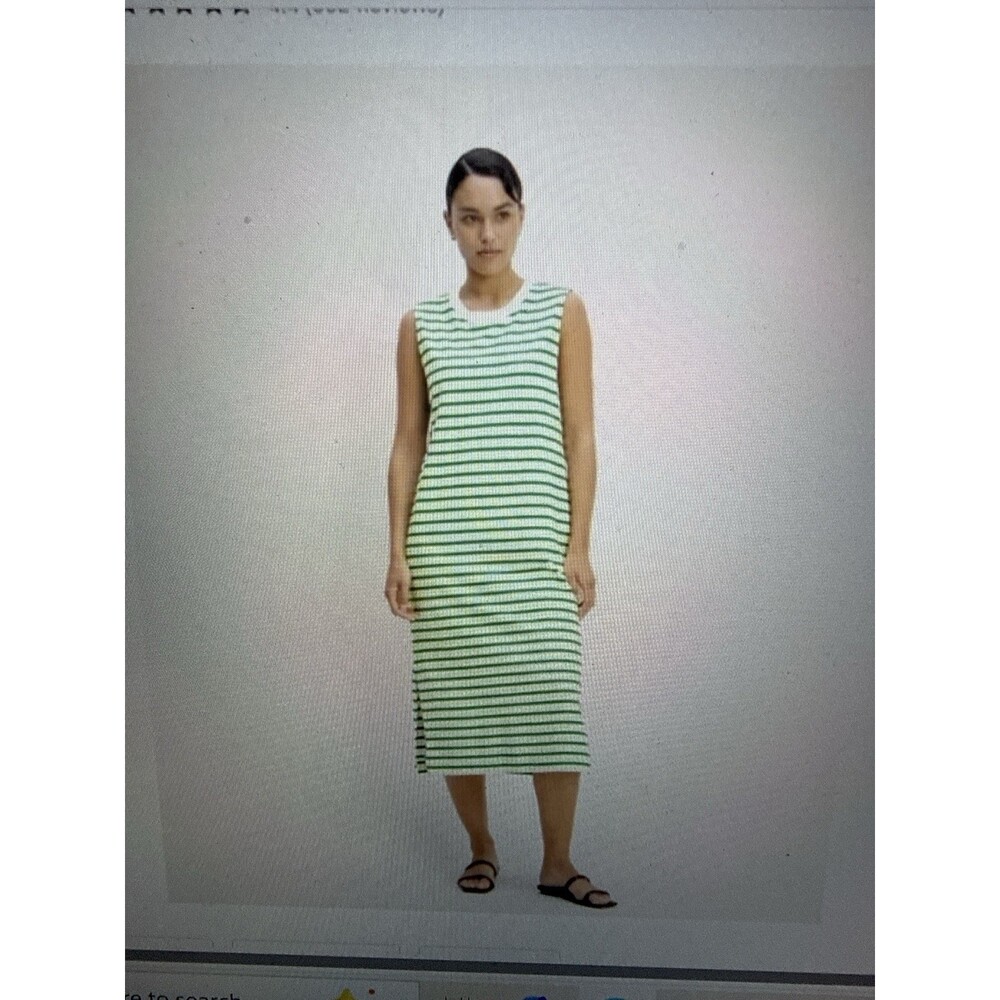 Everlane Striped Midi Dress S White Green Organic Cotton Sleeveless Minimalist